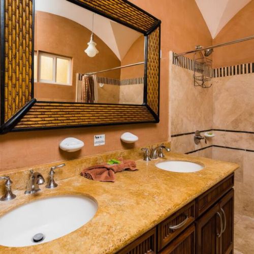 This master bathroom has a double vanity.